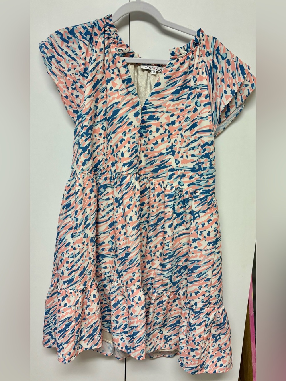 Joy Joy Pink and Blue Abstract V-Neck Tiered Tunic